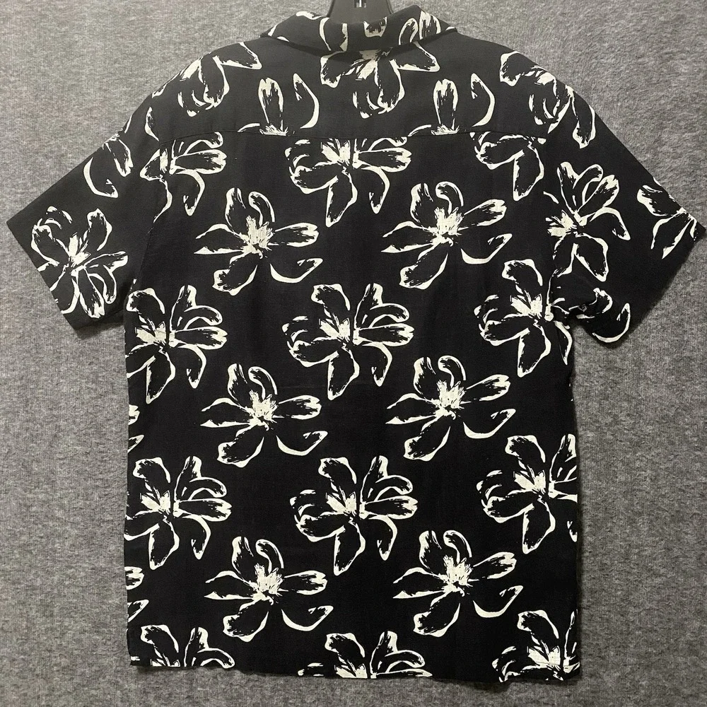 Porter Ash Shirt Linen Blend Men M Black Floral Hawaiian Aloha Beach Resort Camp